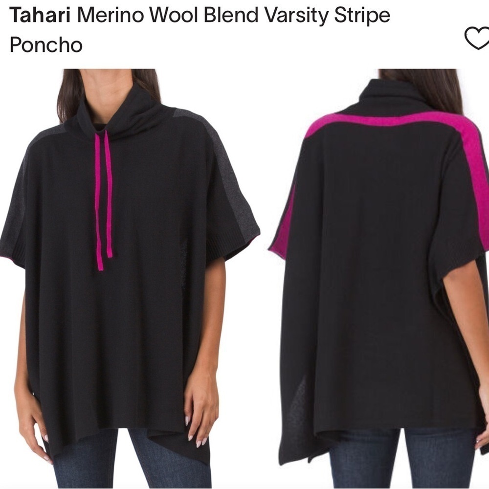 Tahari Wool and Cashmere Blend Varsity Stripe Poncho in Black Gray Pink One Size
